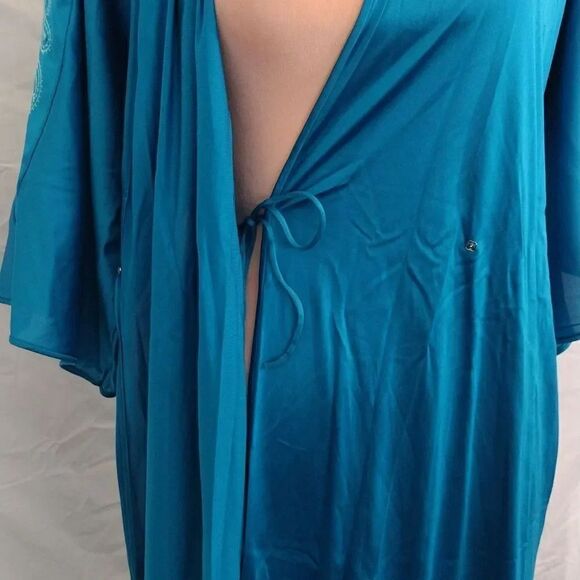 VTG 70s VF Teal Paisley Embroidered Wide Sleeve Long Nylon Robe Small - Picture 9 of 17